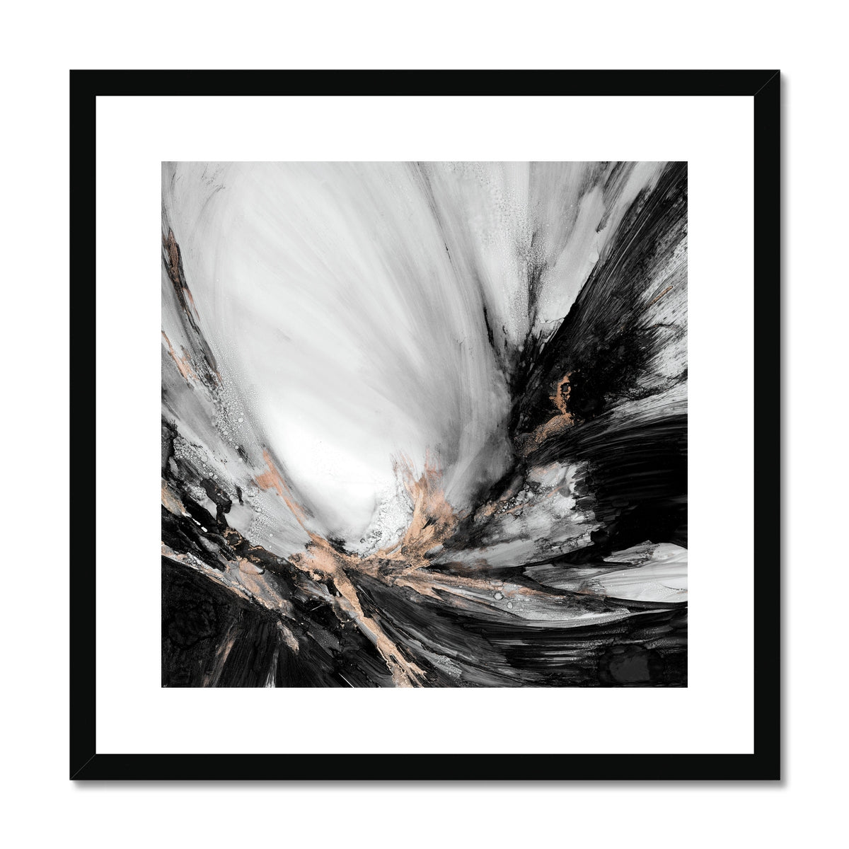 abstract paint brushes alcohol inks black white modern framed canvas painting monochromatic metallic bronze storm dramatic