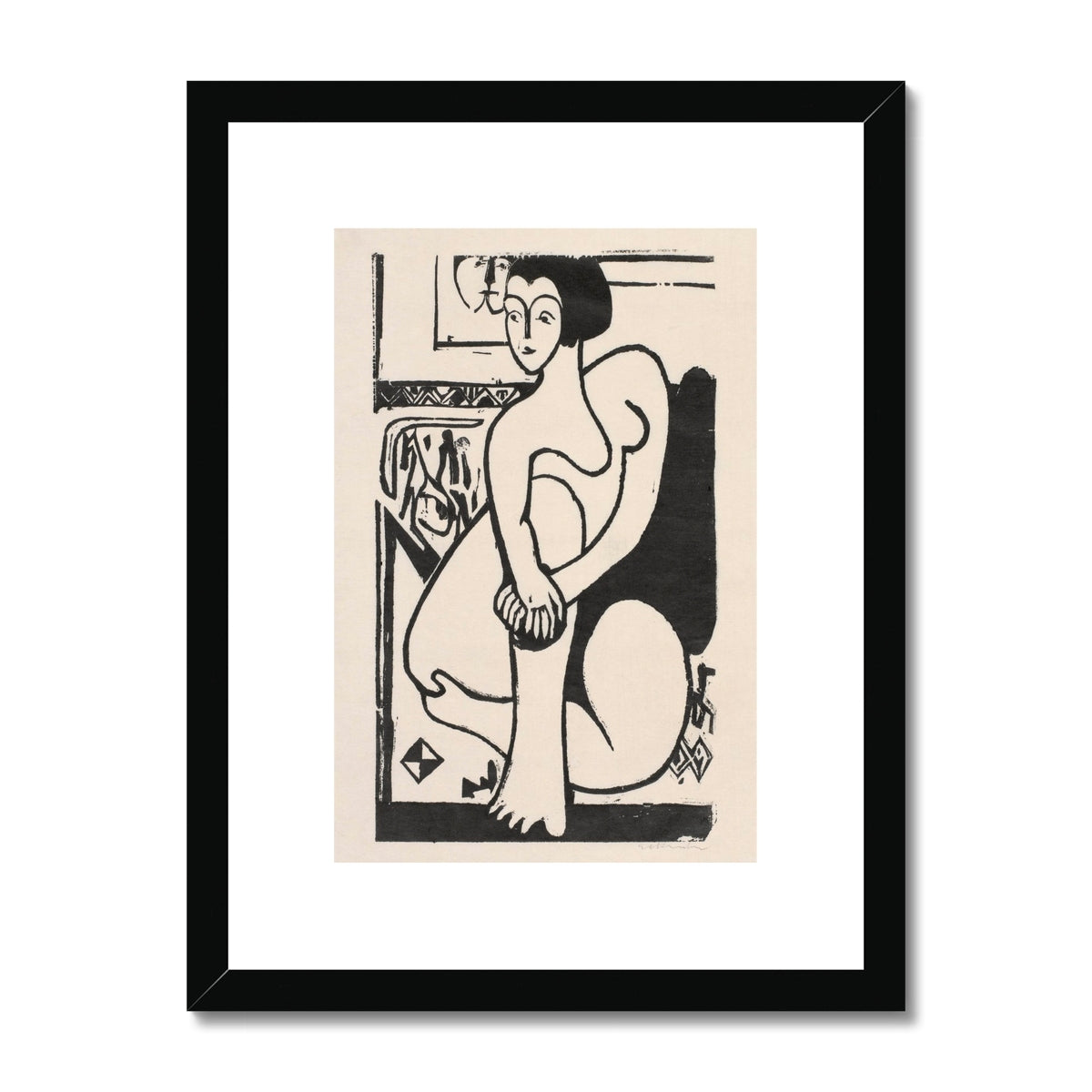 Art, Modern, Woodcut, Beige, Cream, Black, Female, Woman, Beauty, Nude