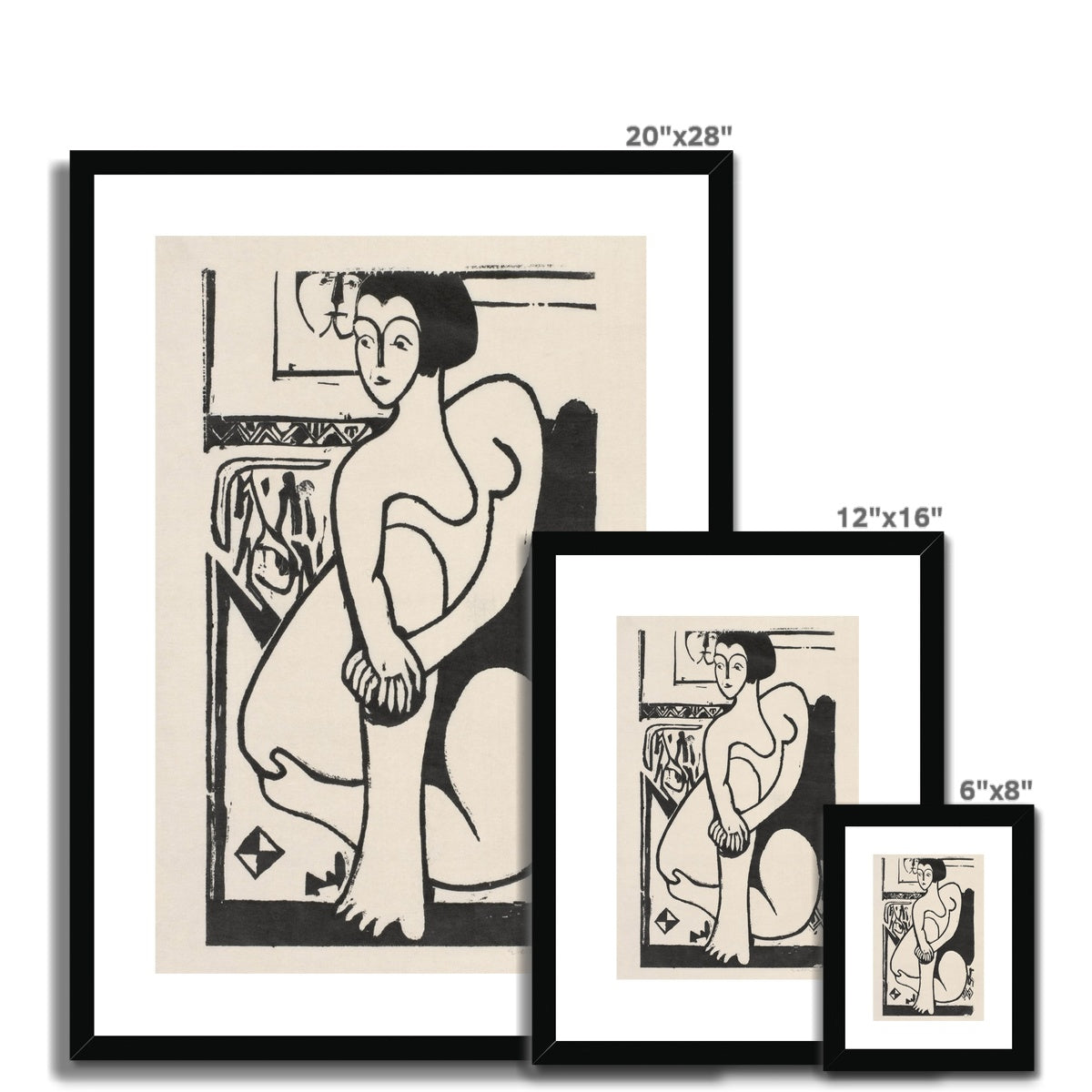 Art, Modern, Woodcut, Beige, Cream, Black, Female, Woman, Beauty, Nude