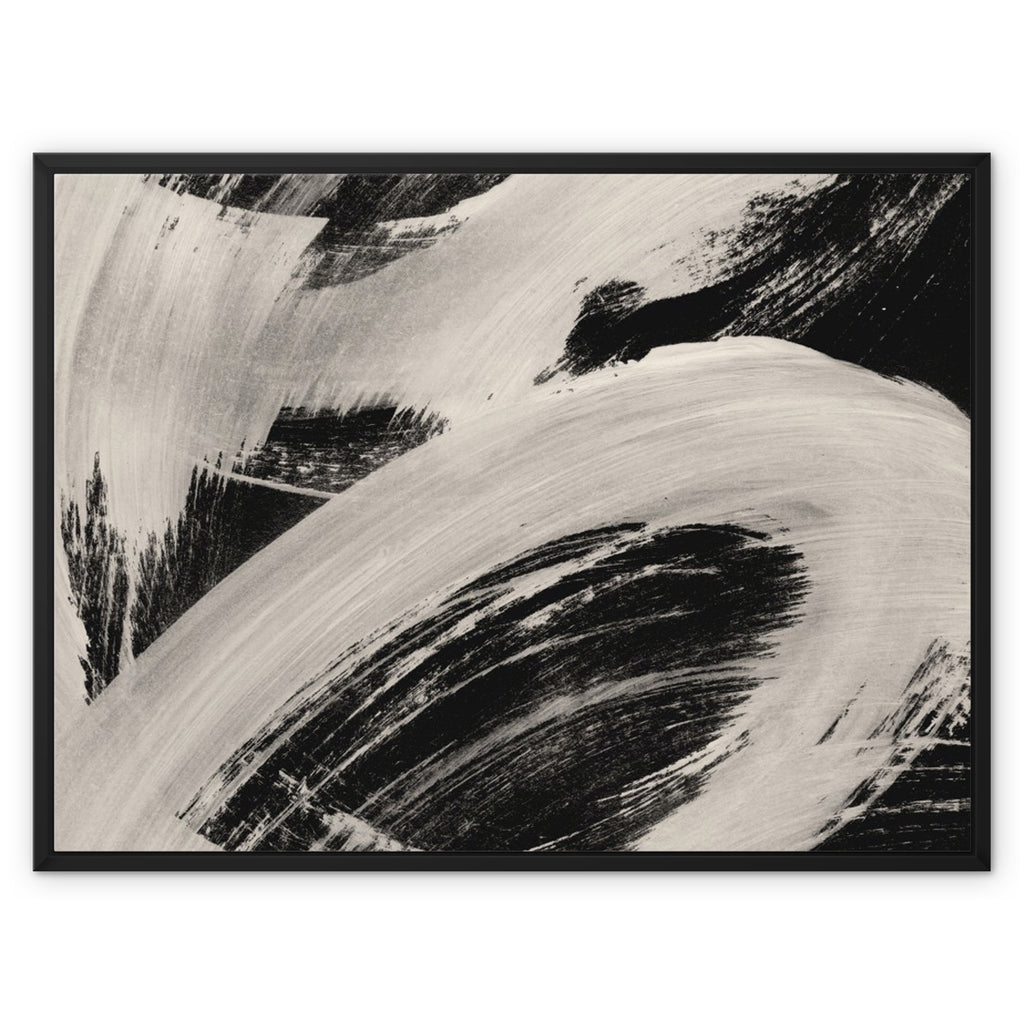 abstract paint brushes arcs swirls black white modern framed canvas painting monochromatic