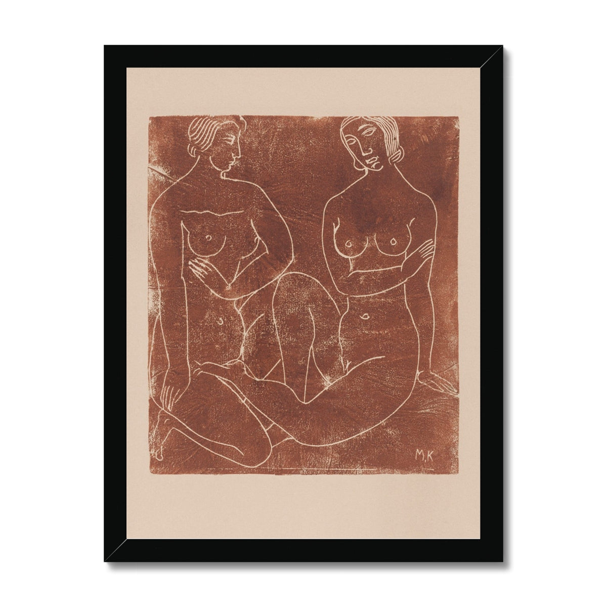 Art, Modern, Linocut, Beige, Cream, Terracotta, Female, Women, Beauty, Nude, Linear